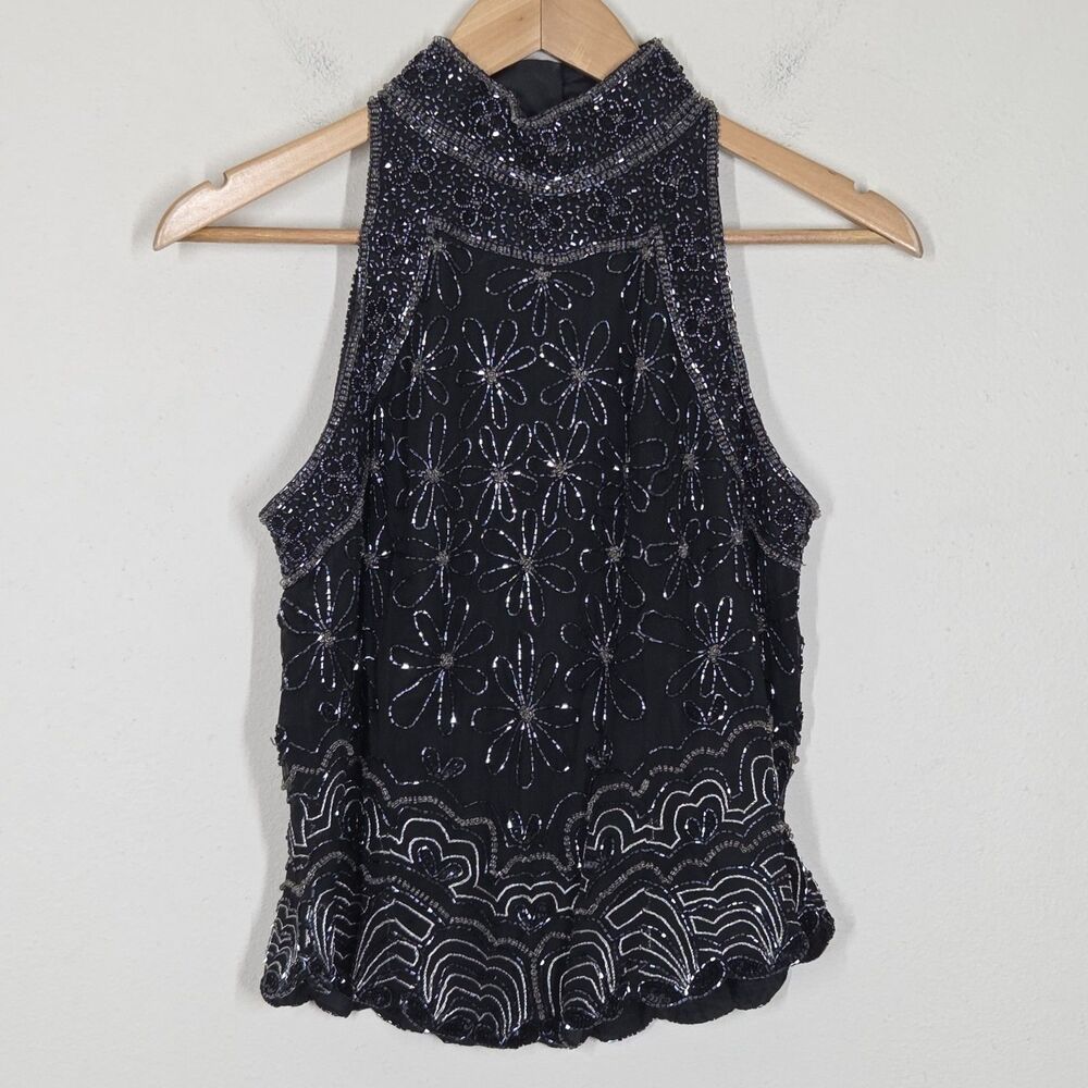 Vtg Papell Boutique Silk Beaded Floral Halter High Neck Top M Glam Cocktail